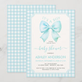 Invitation Blue Bow It's a Boy Baby Shower Gingham Plaid (Devant / Derrière)