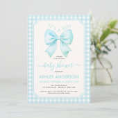Invitation Blue Bow It's a Boy Baby Shower Gingham Plaid (Debout devant)
