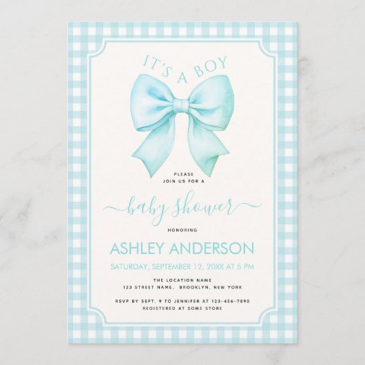 Invitation Blue Bow It's a Boy Baby Shower Gingham Plaid (Devant)