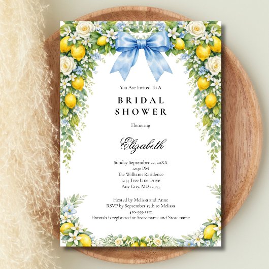 Invitation Blue Bow Lemons Florals Bridal Shower