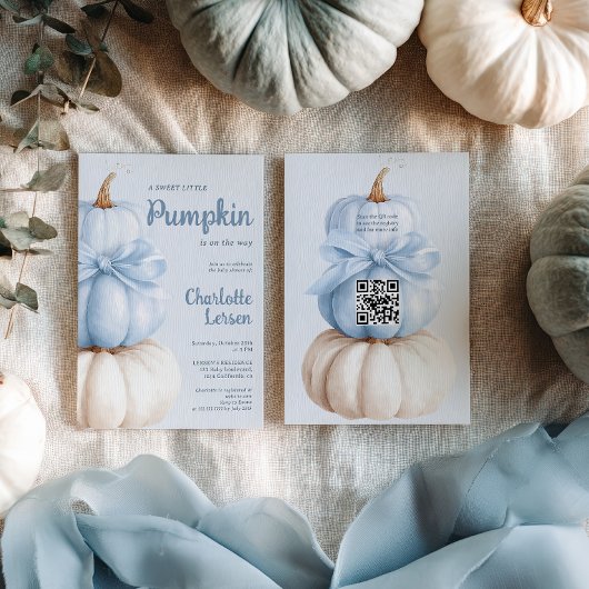 Invitation Blue Bow Little Citrouille Boy Baby shower QR Code