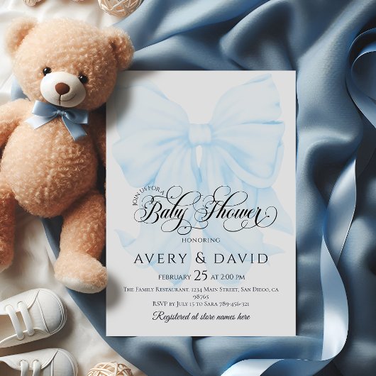 Invitation Blue Bow Moderne Elegant Baby shower Garçon