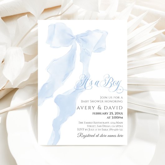 Invitation Blue Bow Moderne Élégant C'est un Baby shower garç