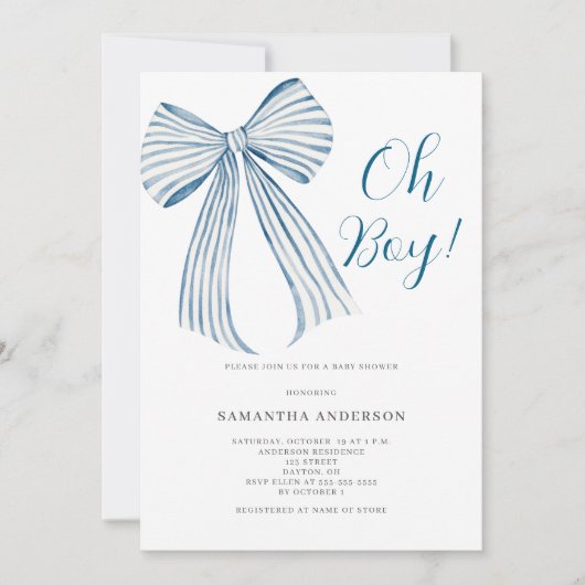 Invitation Blue Bow Oh Boy Baby shower (Devant)