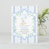 Invitation Blue Bow One Silly Goose Floral Boy 1st Birthday (Debout devant)