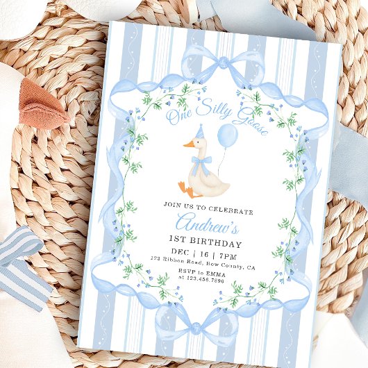 Invitation Blue Bow One Silly Goose Floral Boy 1st Birthday