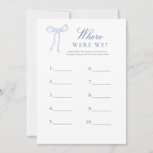 Invitation Blue Bow Où Étions-Nous Devinez Bridal Game (Devant)