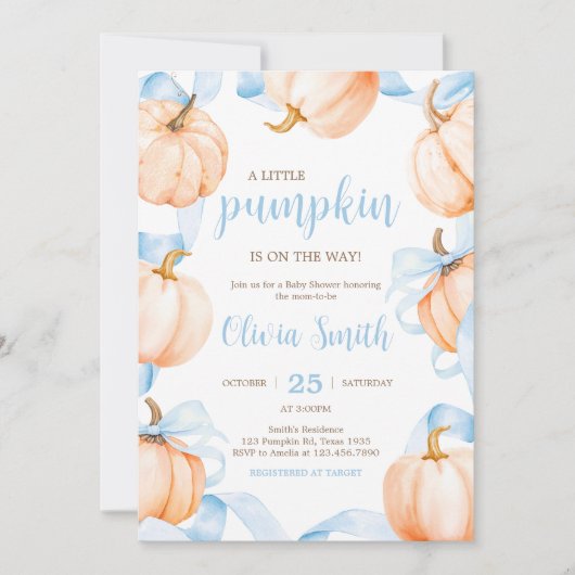Invitation Blue Bow Pumpkin Baby Shower (Devant)