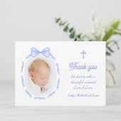 Invitation Blue Bow Ribbon Frame Baptism Thank You Card (Debout devant)