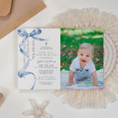 Invitation Blue Bow & Rosary Photo Première communion sainte