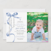 Invitation Blue Bow & Rosary Photo Première communion sainte (Devant)