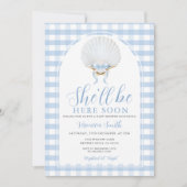 Invitation Blue Bow She'll Be Here Soon Sea Shell Baby Shower (Devant)