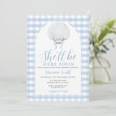 Invitation Blue Bow She'll Be Here Soon Sea Shell Baby Shower (Debout devant)