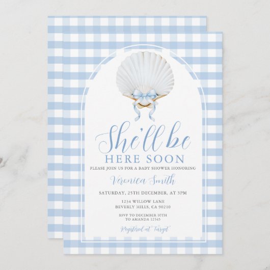 Invitation Blue Bow She'll Be Here Soon Sea Shell Baby Shower (Devant / Derrière)
