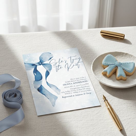 Invitation  Blue Bow She's Tying the Knot Bridal Shower
