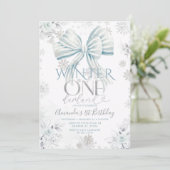 Invitation Blue Bow Silver Snow Winter Onederland Birthday (Debout devant)
