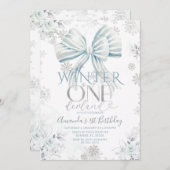 Invitation Blue Bow Silver Snow Winter Onederland Birthday (Devant / Derrière)
