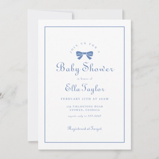 Invitation Blue Bow Simple Elegant Boy Baby shower (Devant)