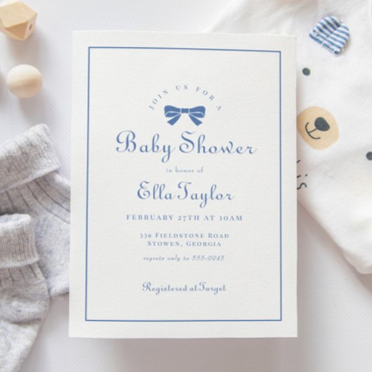 Invitation Blue Bow Simple Elegant Boy Baby shower