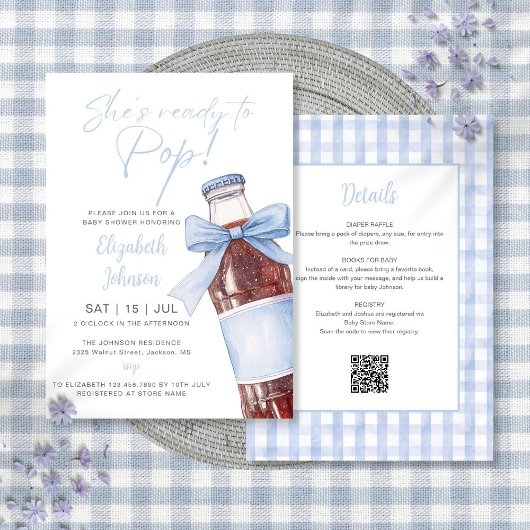 Invitation Blue Bow Soda Bottle Baby Shower All In One