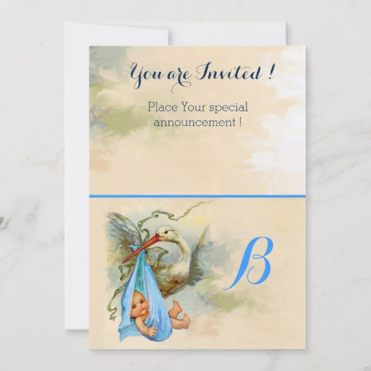 INVITATION BLUE BOW STORK BÉBÉ GARÇON DOUCHE GEMSTONE MONOGRA (Dos)