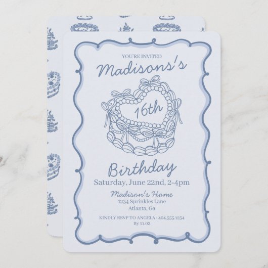 Invitation Blue Bow Sweet 16 Coquette gâteau Coeur Anniversai (Devant / Derrière)