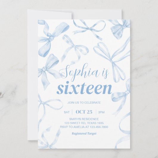 Invitation Blue Bow Sweet 16e fête d'anniversaire (Devant)