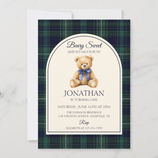 Invitation Blue Bow Teddy Bear Tartan Birthday (Devant)