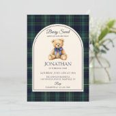 Invitation Blue Bow Teddy Bear Tartan Birthday (Debout devant)