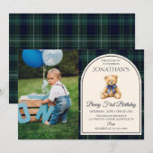 Invitation Blue Bow Teddy Bear Tartan Photo Birthday (Devant / Derrière)