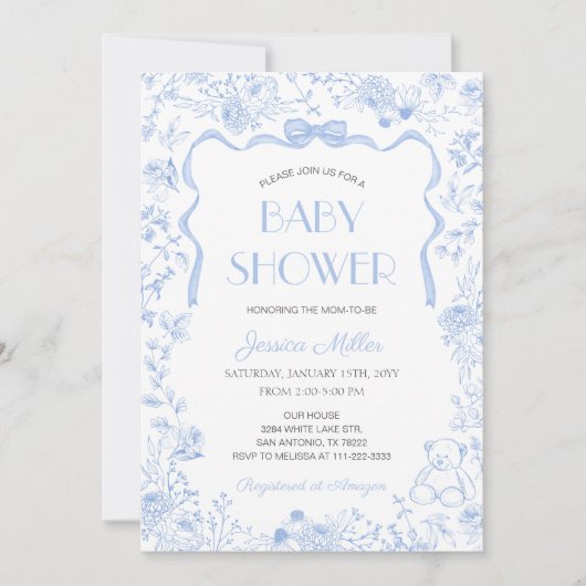 Invitation Blue Bow Toile De Jouy Boy Baby Shower (Devant)