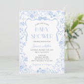 Invitation Blue Bow Toile De Jouy Boy Baby Shower (Debout devant)