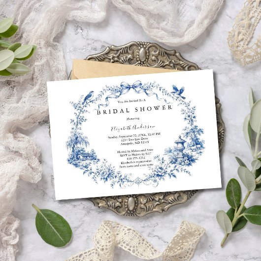 Invitation Blue Bow Toile Garden Bridal Shower 