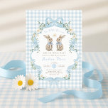 Invitation Blue Bow Twin Boys Bunny Baby Shower<br><div class="desc">Celebrate the upcoming arrival of a little bundle of joy with this charming bunny baby shower invitation! Featuring a heartwarming illustration of two baby bunnies adorned with bows, and surrounded by soft florals and greenery, this design is the perfect blend of sweet, playful, and elegant. Set against soft blue gingham...</div>