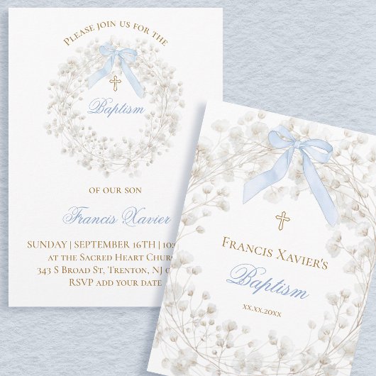Invitation blue bow white baby's breath flowers Baptism