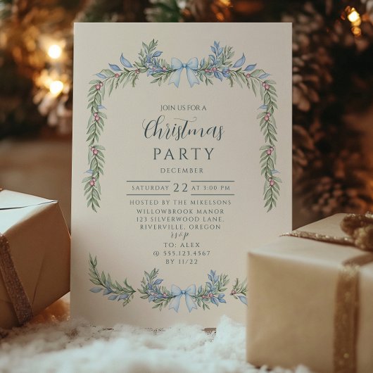 Invitation Blue Bow Winter Botanical Christmas