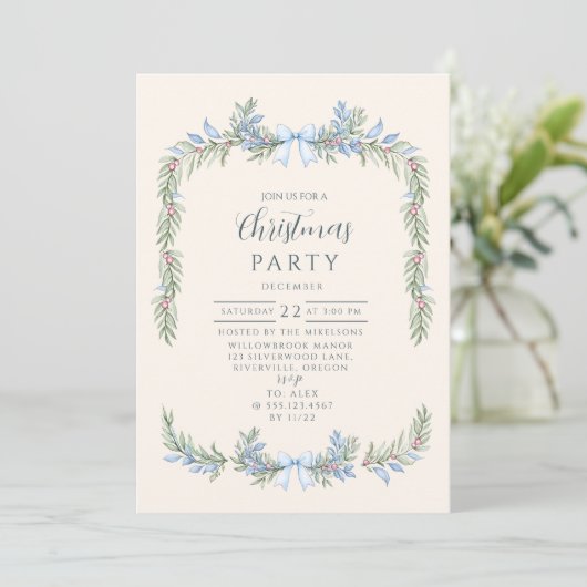 Invitation Blue Bow Winter Botanical Christmas (Debout devant)