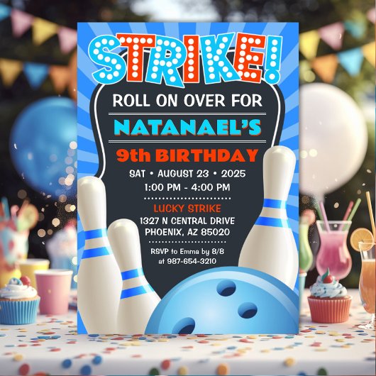 Invitation Blue Bowling Party Boys Anniversaire