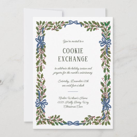 Invitation Blue Bows et Holly Garland (Devant)