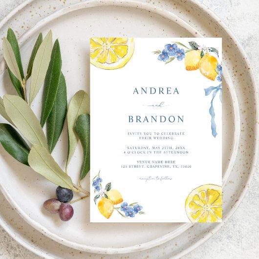 Invitation Blue Bows & Lemons Italian QR Code Wedding