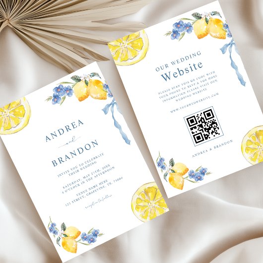 Invitation Blue Bows & Lemons Italian QR Code Wedding