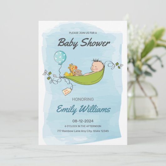 Invitation Blue Boy Baby shower, c'est un Baby shower garçon (Debout devant)