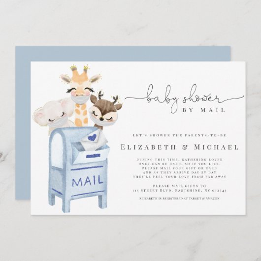 Invitation Blue Boy Baby shower Par Mail Masqué Baby Animaux  (Devant / Derrière)