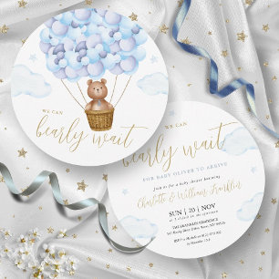 Invitation Blue Boy Bearly Wait Teddy Bear Baby shower