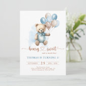 Invitation Blue Boy Beary Sweet 1er Anniversaire Plaid Teddy (Debout devant)