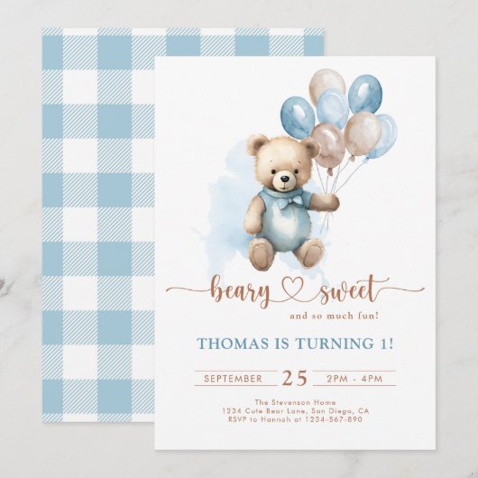 Invitation Blue Boy Beary Sweet 1er Anniversaire Plaid Teddy (Devant / Derrière)