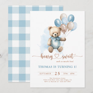 Invitation Blue Boy Beary Sweet 1er Anniversaire Plaid Teddy 