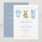 Invitation Blue Boy Clothesline Baby Shower All In One (Devant / Derrière)