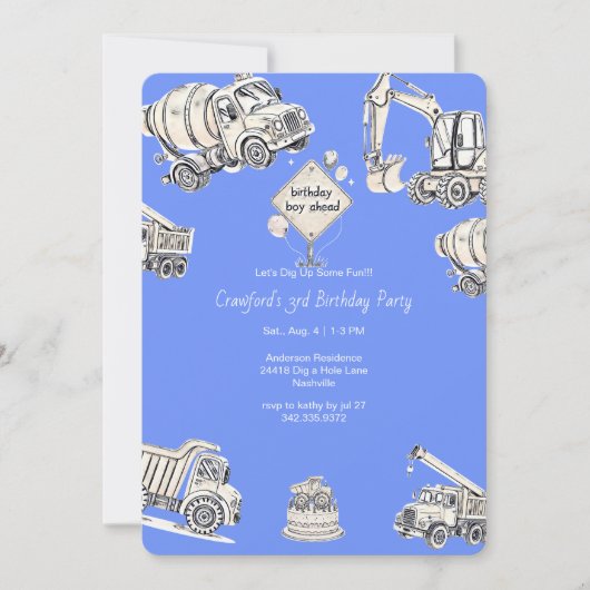 Invitation Blue Boy Construction fête d'anniversaire (Devant)