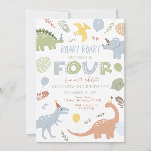 Invitation Blue Boy Dinosaur 4e anniversaire (Devant)